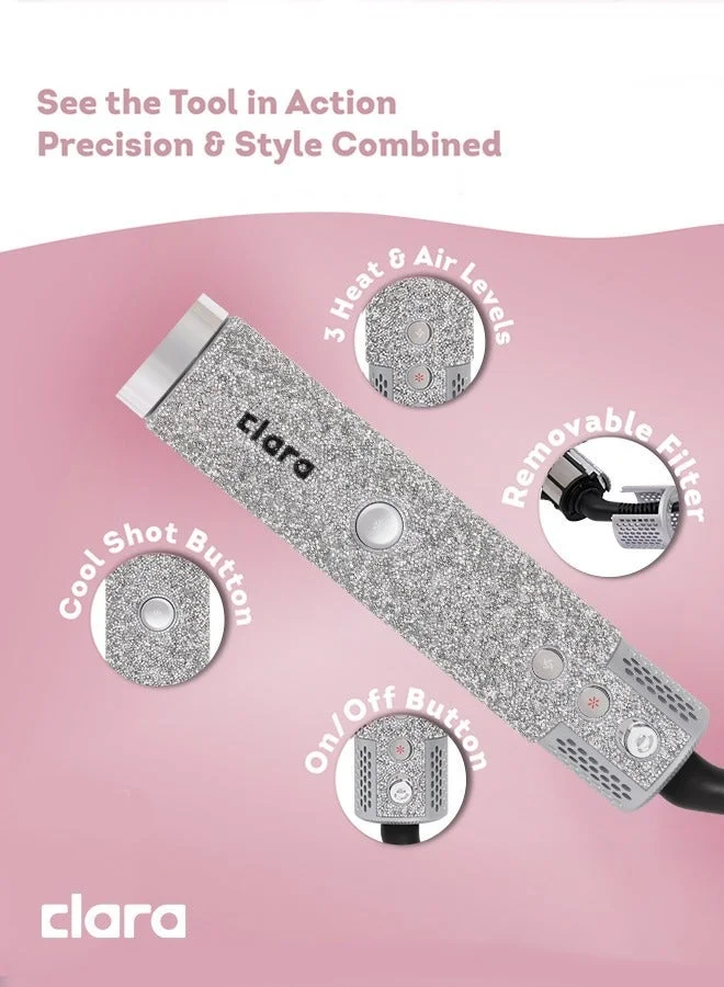 CLARA  Clara Multi Styler for All Hair Types 6-in-1 Styling Tool with Auto-Wrap Curlers, Blow Dryer, Round & Oval Brush ? 1500W Ionic Hair Styler for Frizz-Free Waves & Salon Blowouts (Diamond Silver) Diamond Silver for Women | Best Price UAE